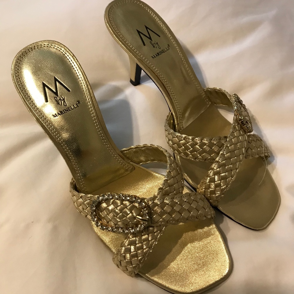 Marinelli Gold Dress Heels, Size 7M, slip on 2” heel